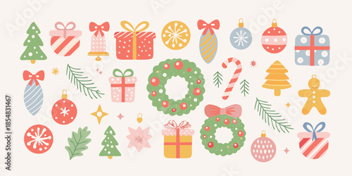Festive holiday assortment of christmas decorations and gifts in pastel shades