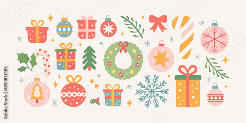 Festive christmas elements gifts ornaments wreaths and snowflakes illustration