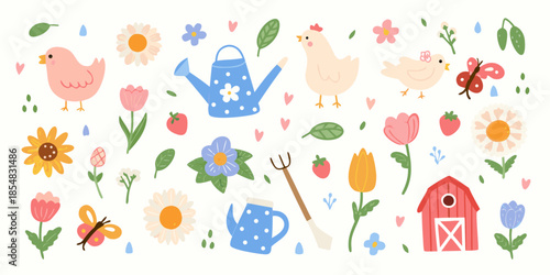 Charming spring scene featuring chicks flowers gardening tools and a barn