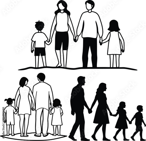 A collection of black family silhouettes featuring a group of people including a woman in a fashion dress and a business person with a shopping bag walking in a vector outline style set