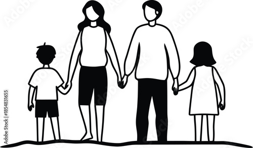 Vector illustration of a business family and a fashion woman with a shopping bag featuring a group of black silhouettes including men, a boy in a dress, and a model with art design hair