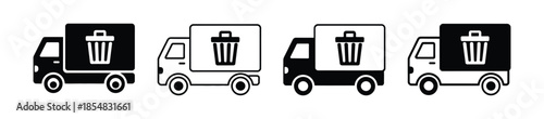 Waste management trucks in various designs and colors. Trash Truck Icons Set Black and White Color Vector Design Illustration. 