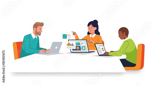 Happy family using laptop computer cartoon illustration