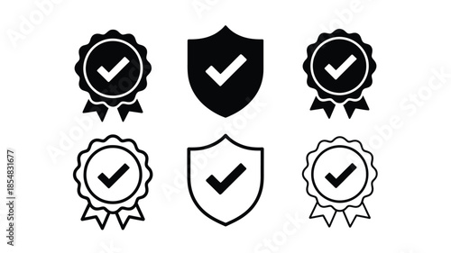 Set of black and white check mark icons with ribbons and shields.