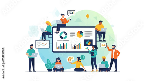 Flat business vector illustration set featuring people with laptops and shopping carts for web marketing and social media infographic design