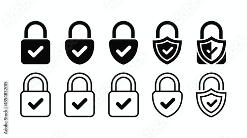 Set of black and white padlock and shield security icons.