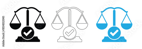 Scales of justice with checkmark icons. Justice and Balance Icon Set – Person with Scales and Checkmark Representing Fairness and Ethics Illustration. 