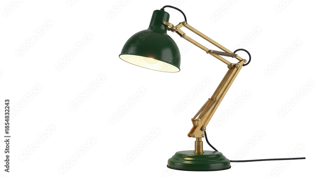 Fototapeta premium Green and gold desk lamp PNG isolated on transparent background, adjustable task light for office or home decor
