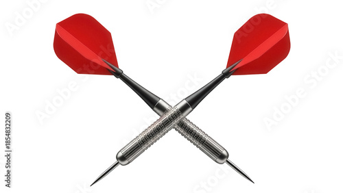Two darts crossed isolated PNG, red flight and silver barrel for game of skill and precision target practice on transparent background