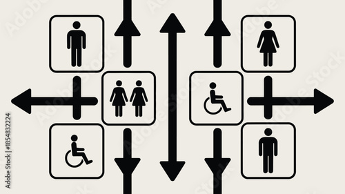 Directional Signs for Men Women and Disabled Individuals.