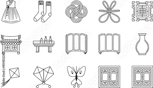 line art icons representing traditional Korean cultural items and symbols.