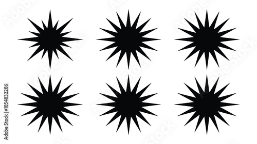Collection of black starburst shapes with varying spiky patterns.