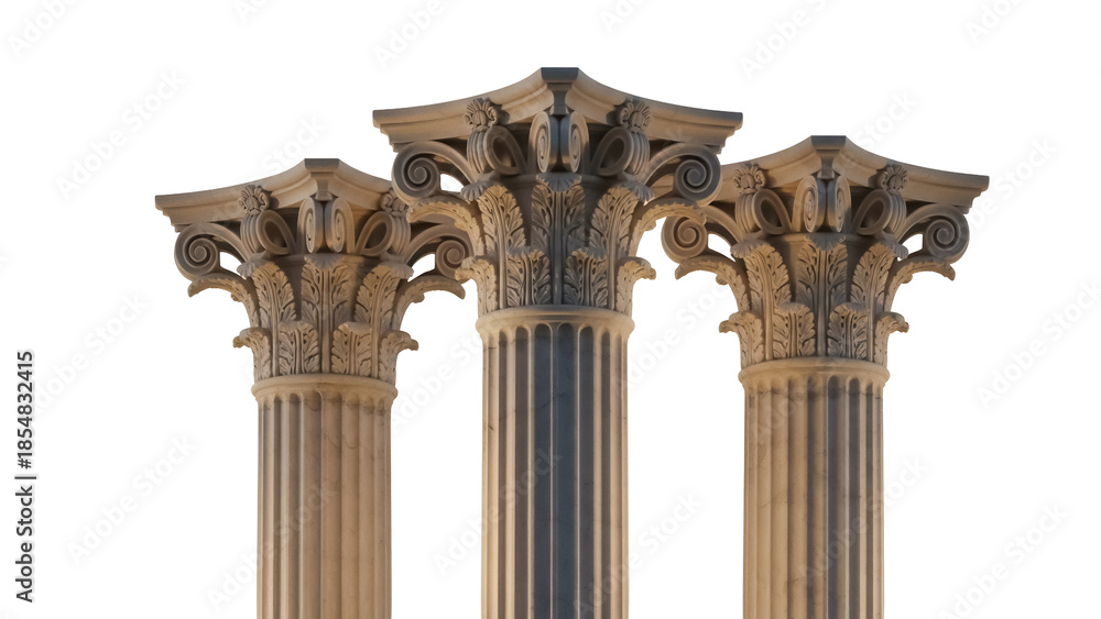 Obraz premium Three ornate Corinthian columns isolated PNG, architectural element on transparent background, classical design for building and decoration