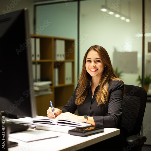 A cheerful businesswoman works late at her office desk, smiling at the camera while writing notes in a planner under soft internal lighting