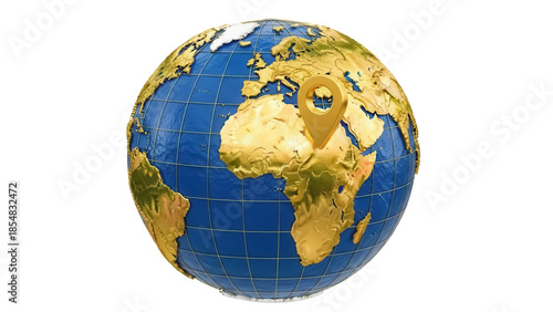Globe with golden continents and blue oceans isolated PNG, world map with location pin on transparent background for travel and geography concepts