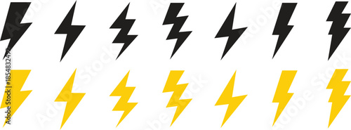 Flash lighting bolt energy icon set. Collection of power and electricity symbols isolated on transparent background. Electric power or charging sign button
