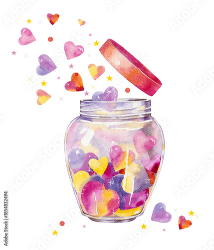 Beautiful glass watercolor jar with hearts isolated on white background. Hand drawn watercolor illustration. Valentine's day card