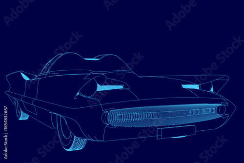 A retro-future car contour blueprint on a stark blue background highlights sleek lines and detailed curves. The minimalist design emphasizes automotive innovation.