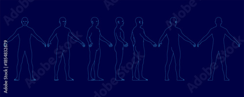 A realistic male character contour drawing features a group of people against a dark blue background. Their symmetrical arrangement shows detailed facial features, clothing, and tilted.