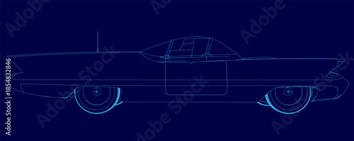 A retro car blueprint with clean contour lines on a stark blue background evokes a sense of future nostalgia. The detailed technical drawing highlights the vehicle's elegant curves and mechanical.