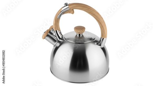Stainless steel stovetop kettle with wooden handle isolated PNG, modern design teapot for boiling water on transparent background
