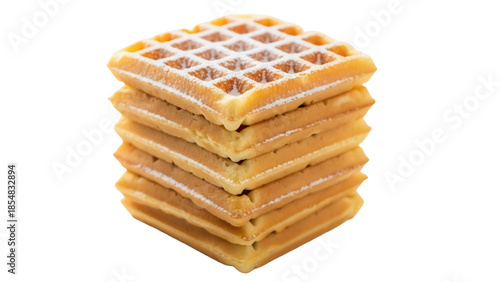 Photos Stack of golden waffles with powdered sugar isolated PNG, delicious breakfast de