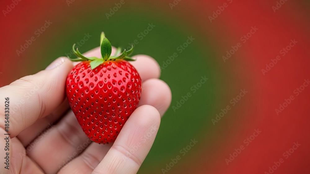 Obraz premium Fresh red strawberry held in hand with blurred green background 