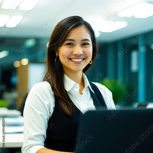 A bright and professional portrait of a smiling young businesswoman wearing corporate attire, sitting at a desk with a laptop in a modern, brightly lit office environment