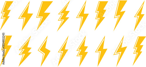 Lightning bolt vector icon set, black lightning icon designs on white background, Symbols of energy, power, electric storm, flash charge, ideal for web, print, logo design