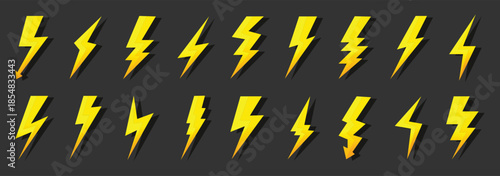 Flash lighting bolt energy icon set. Power and electricity buttons isolated on transparent background. Electric power or charging sign button