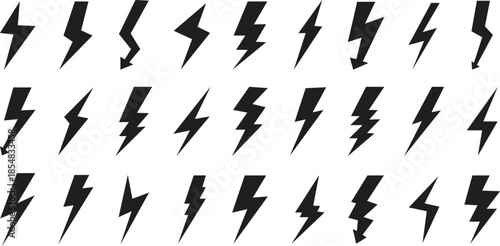 Flash lighting bolt energy icon set. Power and electricity buttons isolated on transparent background. Electric power or charging sign button