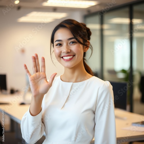 A cheerful young Asian businesswoman smiles confidently while holding up her hand in a greeting or stopping gesture inside a modern, bright, blurred office environment.