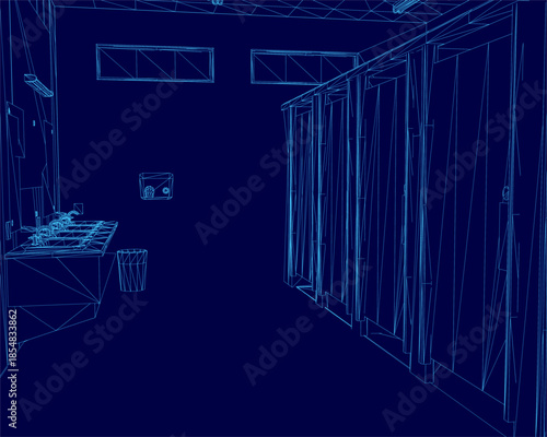 Blueprint wireframe of a bathroom layout featuring a sink, toilet, and shower stall. Additional details include wall-mounted objects and a dustbin on the deep blue background.