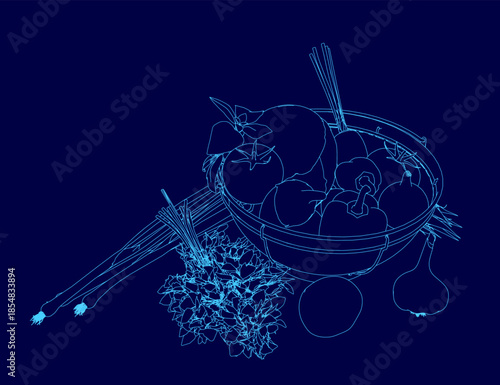 A woven basket brimming with fresh vegetables and fruits like carrots, peppers, and oranges creates a vibrant still life against a solid blue background.