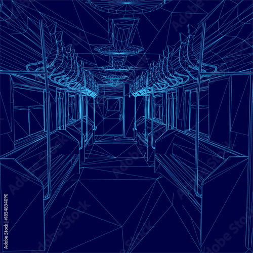A 3D wireframe model of a subway train interior reveals detailed seats, poles, and ceiling structure against a blue background.