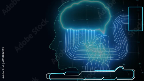 Future AI tech machine learning, face outline circuit board and binary data flow on blue Loop background. cyber mind Human fast digital computing, robot revolution Big data, artificial intelligence.