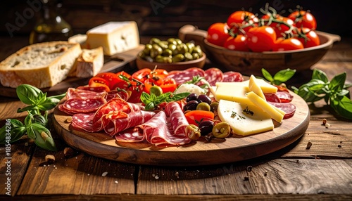 Gourmet Charcuterie Board Featuring Sliced Cured Meats Cheeses Olives and Fresh Tomatoes Artfully Arranged on a Rustic Wooden Platter with a Softly Blurred Background and Warm Natural Lighting