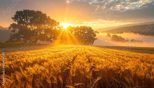 Golden Wheat Field Sunrise with Sun Rays Breaking Through Trees and Mist in the Background