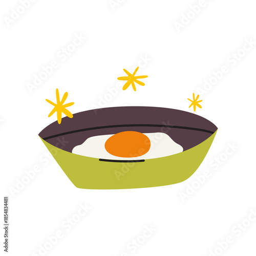 Fried egg for breakfast. Protein food sticker in cartoon doodle style. Healthy delicious morning food. Vector illustration