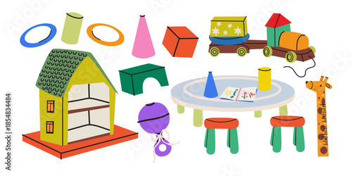 Children's cute toys in cartoon doodle style. Educational toys, building blocks, doll house, preschool elements. Childhood themes. Vector flat illustration