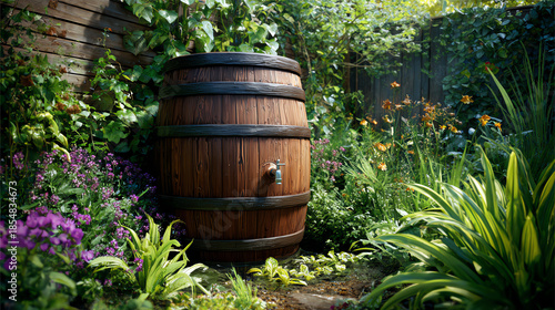 Wallpaper Mural A rustic wooden barrel in a vibrant garden, surrounded by lush greenery and colorful flowers, creating a serene atmosphere. Torontodigital.ca
