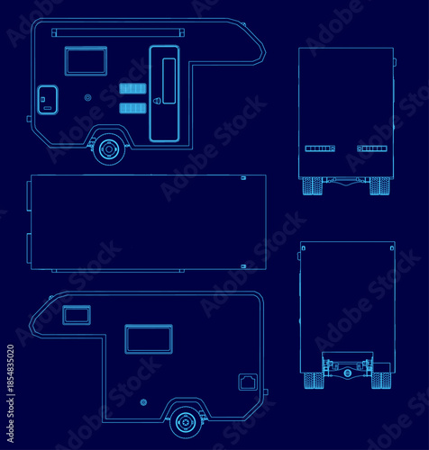 Blueprint outline of a recreational vehicle camper or trailer on a solid blue background. This detailed contour set provides a clean, technical view for design projects.
