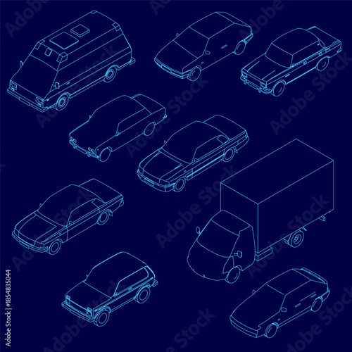 Blueprint of various car types arranged in a grid pattern on a blue background. Each vehicle has a unique contour design, creating a stark contrast with the white outlines. Isometric view