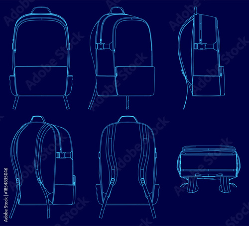 Six backpack contour designs arranged in a grid on a blue background. The set features varied shapes with glossy and matte finishes, showcasing detailed straps and pockets.
