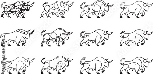 A set of black and white vector outlines showcasing different depictions of oxen or bulls