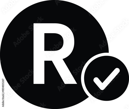 Registered trademark symbol vector illustration, bold white R inside black circle, verified checkmark icon design, legal intellectual property branding concept, copyright protection logo