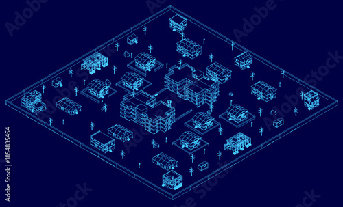 Architectural blueprint of a city house layout, featuring detailed building contours and surrounding streets on a solid blue background. Isometric view