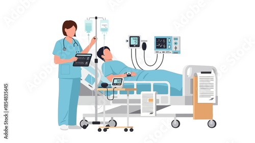Nurse monitoring patient in hospital bed with medical equipment