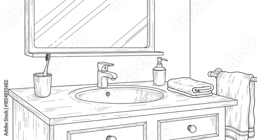 Bathroom sink with mirror and toiletries