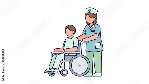 Nurse assisting patient in wheelchair vector illustration